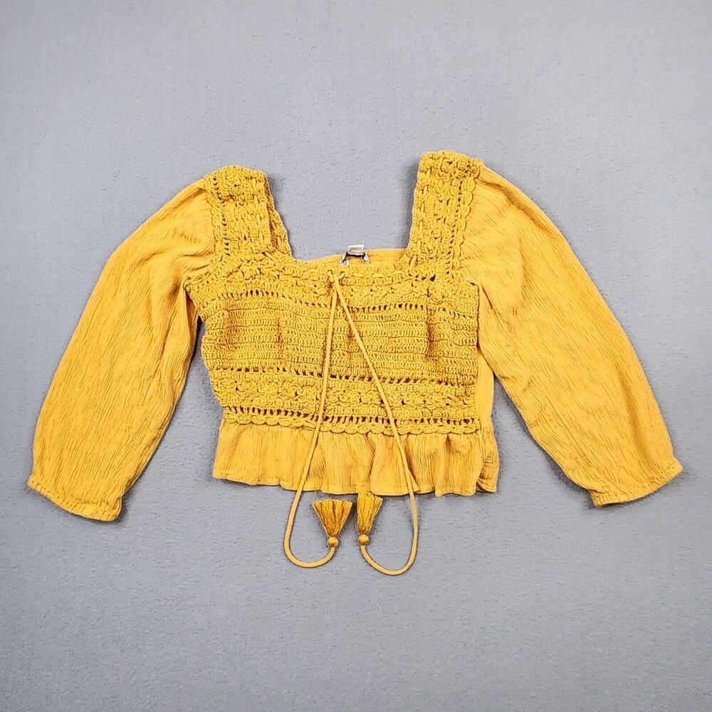 American Eagle Crop XS Mustard Boho Crochet Crinkled Tassels Peasant‎ Shirt Top